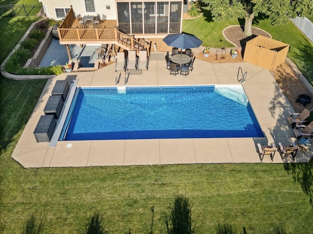 2913 Fox Creek Rd, Bloomington, IL 61705 - outdoor pool with a patio area, stairs, a sunroom, and a wooden deck