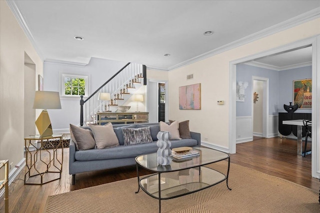 1726 Walnut Ave, Wilmette, IL 60091 - living area featuring stairway, wood finished floors, and ornamental molding