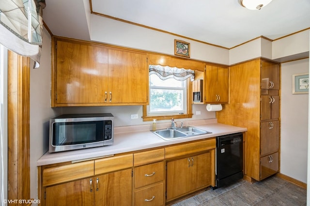 25 N Ashbel Ave, Hillside, IL 60162 - kitchen featuring dishwasher, stainless steel microwave, light countertops, brown cabinetry, and crown molding