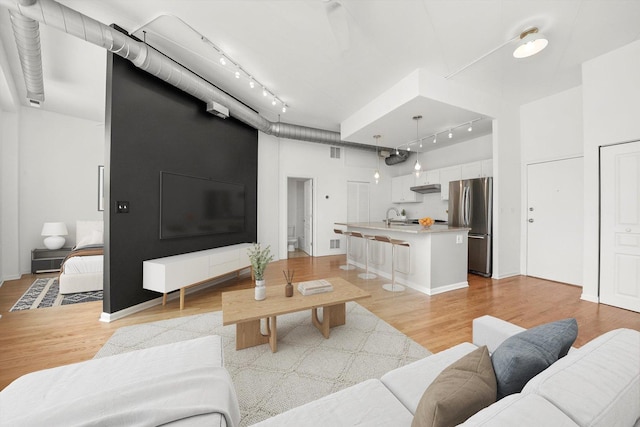 1645 W School St Unit 318, Chicago, IL 60657 - living room featuring rail lighting, light wood-style floors, and a towering ceiling