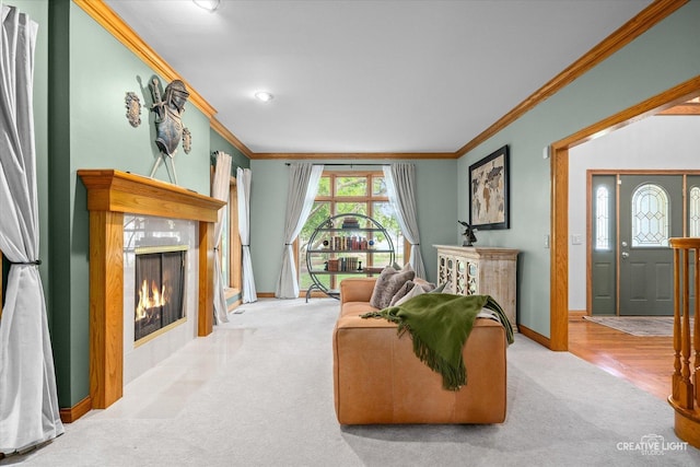 4211 Legend Ct, Naperville, IL 60564 - living room featuring ornamental molding, a tile fireplace, and carpet floors