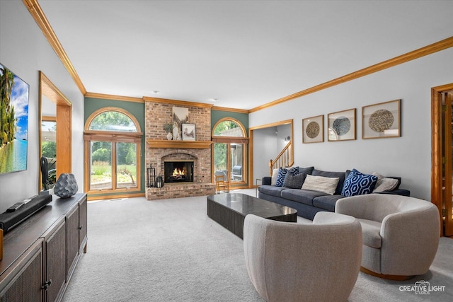 4211 Legend Ct, Naperville, IL 60564 - carpeted living area with ornamental molding, a fireplace, and stairway