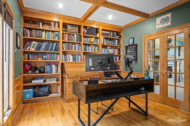4211 Legend Ct, Naperville, IL 60564 - office featuring french doors, wood finished floors, beam ceiling, crown molding, and wainscoting