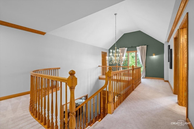 4211 Legend Ct, Naperville, IL 60564 - corridor with a chandelier, an upstairs landing, carpet, and lofted ceiling