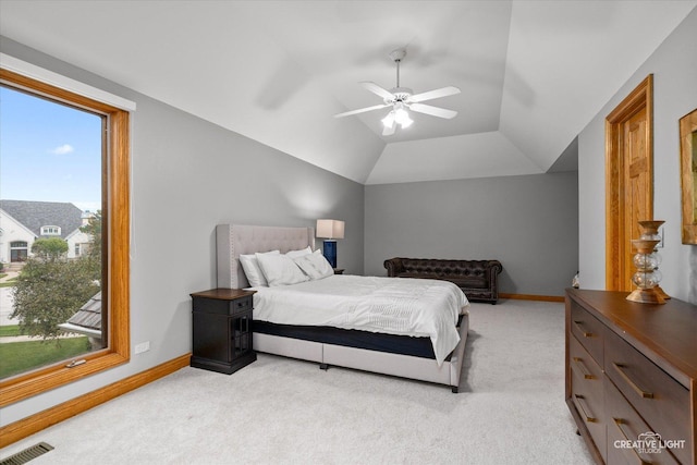 4211 Legend Ct, Naperville, IL 60564 - bedroom with light colored carpet, ceiling fan, and vaulted ceiling