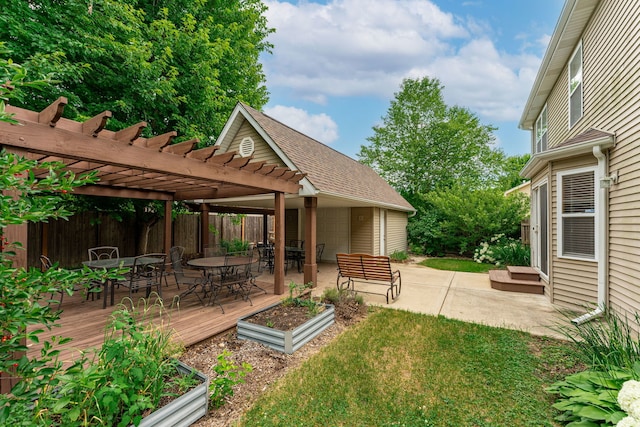 10578 Harrison Ct, Roscoe, IL 61073 - view of yard featuring outdoor dining space, a pergola, a wooden deck, a patio area, and a garden