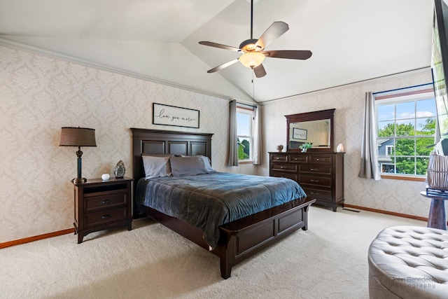 1120 Bennington Dr, Crystal Lake, IL 60014 - bedroom featuring light carpet, wallpapered walls, vaulted ceiling, and ceiling fan