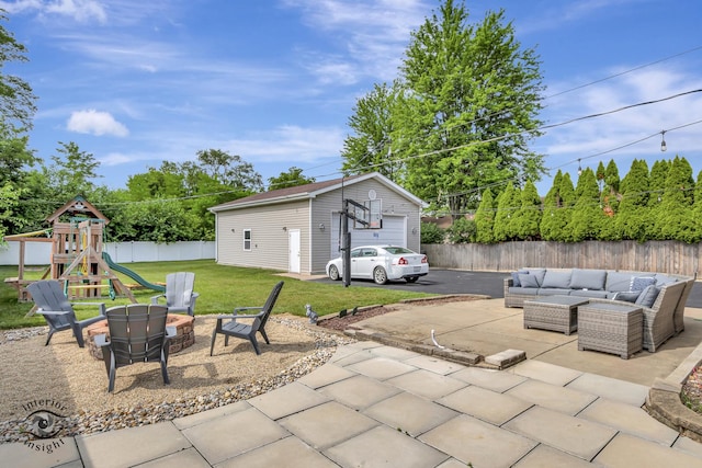 7027 174th Pl, Tinley Park, IL 60477 - fenced backyard with an outdoor living space with a fire pit, a patio area, a playground, a garage, and an outdoor structure
