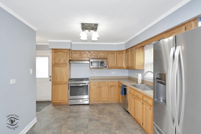 7027 174th Pl, Tinley Park, IL 60477 - kitchen with appliances with stainless steel finishes, plenty of natural light, crown molding, light countertops, and under cabinet range hood