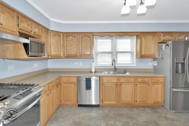 7027 174th Pl, Tinley Park, IL 60477 - kitchen with appliances with stainless steel finishes, light countertops, under cabinet range hood, ornamental molding, and a skylight