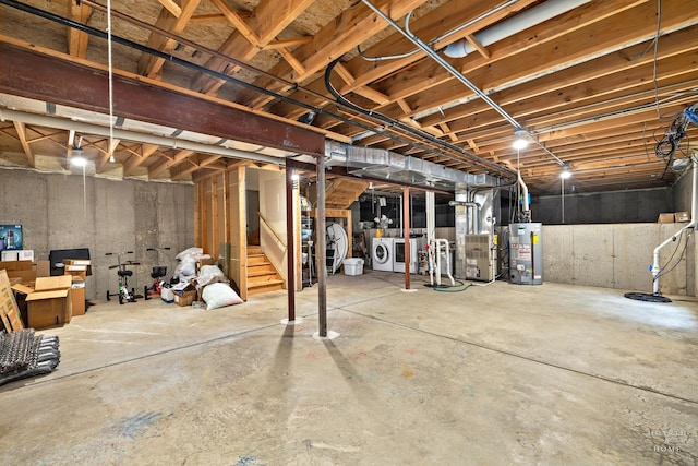 365 Oakmont Dr, Cary, IL 60013 - unfinished basement featuring water heater, stairs, washer / dryer, and heating unit