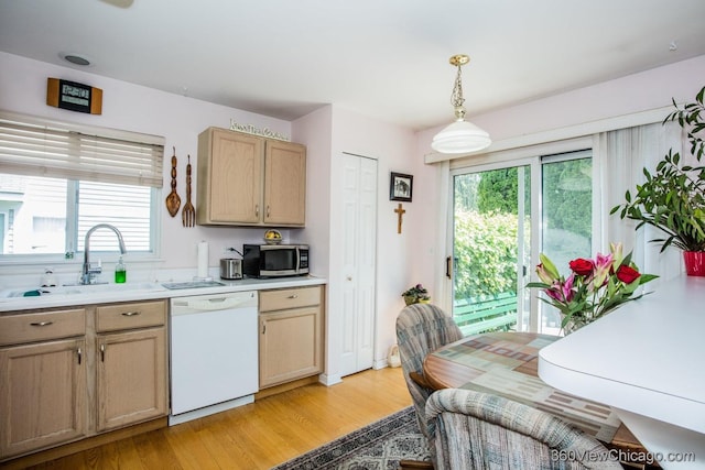 2325 N Lenox Ct, Round Lake Beach, IL 60073 - kitchen featuring dishwasher, stainless steel microwave, light wood-type flooring, light countertops, and hanging light fixtures