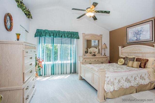 2325 N Lenox Ct, Round Lake Beach, IL 60073 - bedroom with lofted ceiling, access to outside, light carpet, and ceiling fan