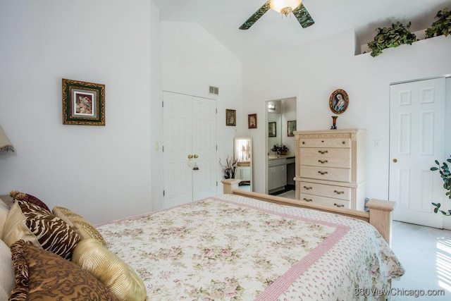 2325 N Lenox Ct, Round Lake Beach, IL 60073 - bedroom featuring a closet, high vaulted ceiling, connected bathroom, ceiling fan, and carpet flooring