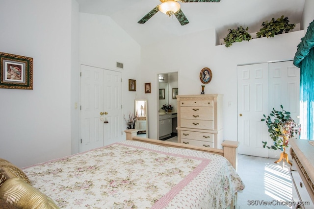 2325 N Lenox Ct, Round Lake Beach, IL 60073 - bedroom featuring high vaulted ceiling, ensuite bathroom, ceiling fan, and a closet