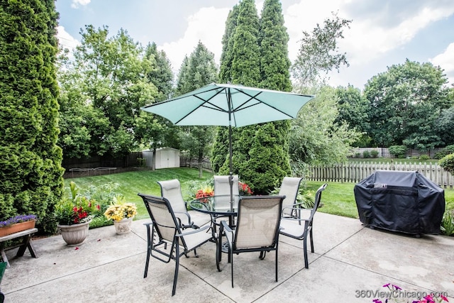 2325 N Lenox Ct, Round Lake Beach, IL 60073 - fenced backyard featuring a storage unit, grilling area, a patio area, and outdoor dining area