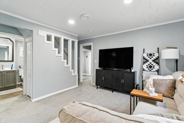 1518 Lucia Ave, Waukegan, IL 60085 - living area with crown molding, light carpet, stairway, and recessed lighting