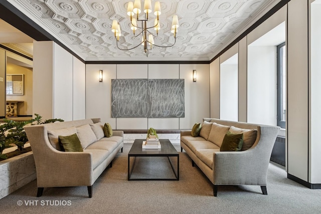 6101 N Sheridan Rd Unit 11C, Chicago, IL 60660 - living area with an ornate ceiling, carpet, a chandelier, and crown molding