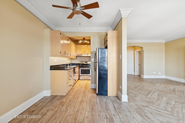 6101 N Sheridan Rd Unit 11C, Chicago, IL 60660 - kitchen with appliances with stainless steel finishes, a ceiling fan, arched walkways, crown molding, and dark countertops