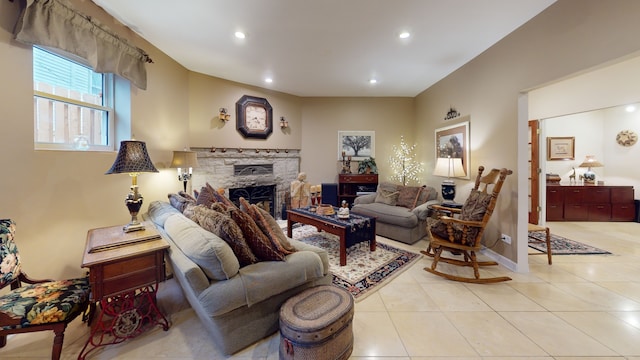 315 E Union Ave, Wheaton, IL 60187 - living room with recessed lighting, light tile patterned floors, and a stone fireplace