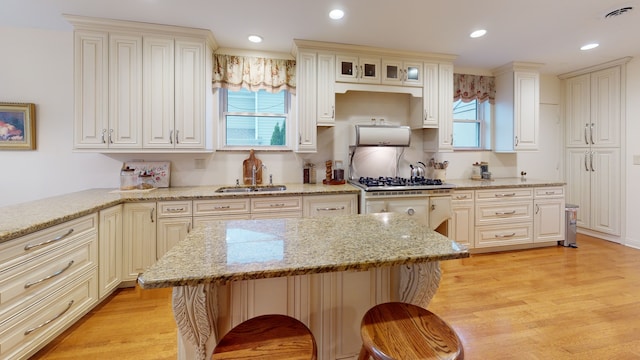 315 E Union Ave, Wheaton, IL 60187 - kitchen with light wood finished floors, a breakfast bar area, light stone countertops, healthy amount of natural light, and recessed lighting