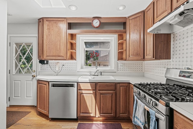 108 6th St, Downers Grove, IL 60515 - kitchen featuring appliances with stainless steel finishes, open shelves, under cabinet range hood, and light countertops