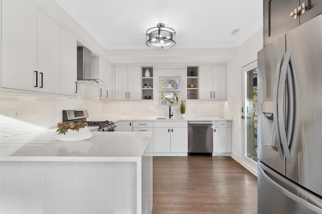 1116 W Addison St, Chicago, IL 60613 - kitchen featuring stainless steel appliances, wall chimney range hood, open shelves, light countertops, and backsplash