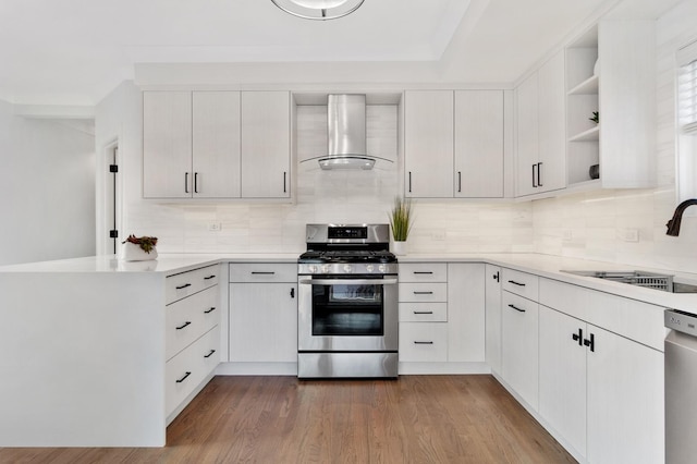 1116 W Addison St, Chicago, IL 60613 - kitchen with stainless steel appliances, wall chimney exhaust hood, open shelves, and light countertops