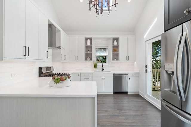 1116 W Addison St, Chicago, IL 60613 - kitchen with stainless steel appliances, wall chimney range hood, open shelves, light countertops, and decorative backsplash