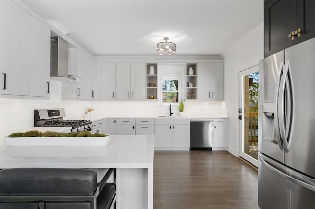 1116 W Addison St, Chicago, IL 60613 - kitchen featuring stainless steel appliances, wall chimney exhaust hood, open shelves, backsplash, and dark wood-style floors