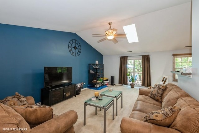 13350 Forest Ridge Dr Unit 1, Palos Heights, IL 60463 - living area with a skylight, vaulted ceiling, carpet flooring, and a ceiling fan