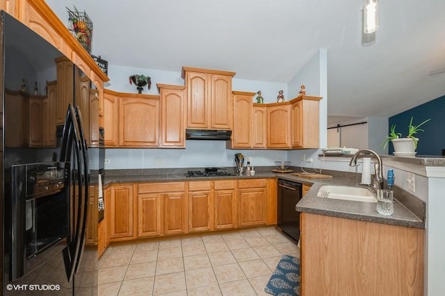 13350 Forest Ridge Dr Unit 1, Palos Heights, IL 60463 - kitchen with black appliances, under cabinet range hood, dark countertops, a peninsula, and light tile patterned flooring