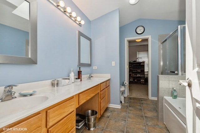 13350 Forest Ridge Dr Unit 1, Palos Heights, IL 60463 - full bathroom featuring double vanity, vaulted ceiling, a stall shower, a garden tub, and a walk in closet