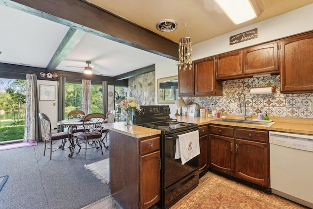15810 Il Route 173 Unit 1D, Harvard, IL 60033 - kitchen featuring dishwasher, electric range, light countertops, healthy amount of natural light, and beam ceiling
