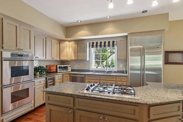 13 Wind Ridge Rd, South Barrington, IL 60010 - kitchen with stainless steel appliances, wine cooler, backsplash, and light stone countertops