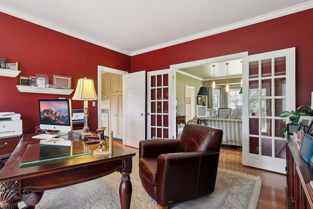 13 Wind Ridge Rd, South Barrington, IL 60010 - office area with ornamental molding, wood finished floors, and french doors
