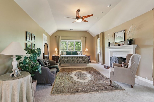 13 Wind Ridge Rd, South Barrington, IL 60010 - carpeted bedroom featuring lofted ceiling, a fireplace, and a ceiling fan