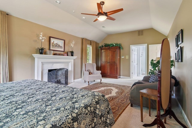 13 Wind Ridge Rd, South Barrington, IL 60010 - bedroom featuring light carpet, vaulted ceiling, and a fireplace