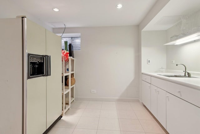 13 Wind Ridge Rd, South Barrington, IL 60010 - kitchen with white refrigerator with ice dispenser, light countertops, recessed lighting, open shelves, and light tile patterned floors