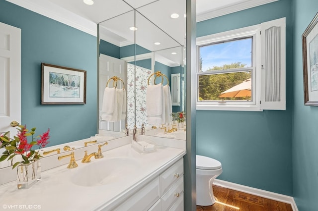 375 Sunset Dr, Northfield, IL 60093 - bathroom with ornamental molding, vanity, a shower, and recessed lighting