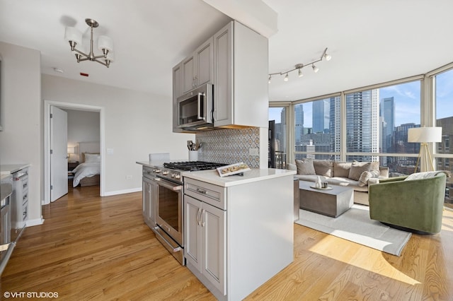 645 N Kingsbury St Unit 2002, Chicago, IL 60654 - kitchen with stainless steel appliances, light wood finished floors, a chandelier, a view of skyline, and gray cabinets