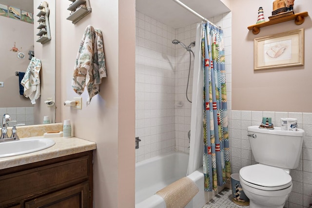 9108 Windsor Dr, Palos Hills, IL 60465 - full bathroom featuring shower / bath combination with curtain, vanity, tile walls, a wainscoted wall, and tile patterned flooring