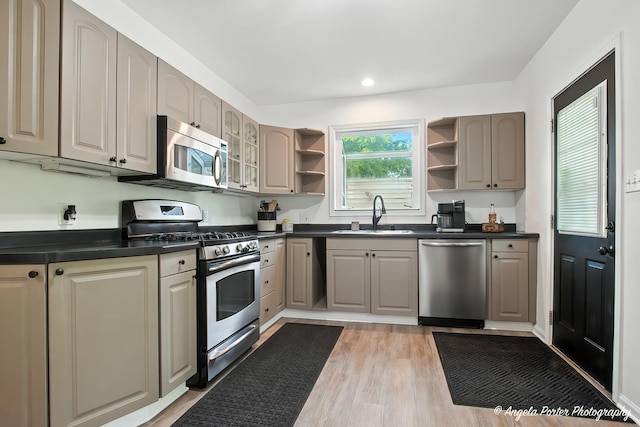 5535 Wonder Woods Dr, Wonder Lake, IL 60097 - kitchen with stainless steel appliances, open shelves, dark countertops, light wood-type flooring, and glass insert cabinets
