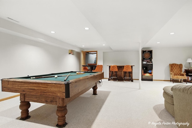 4725 Winnebago Dr, Wonder Lake, IL 60097 - game room featuring a dry bar, carpet flooring, pool table, and recessed lighting