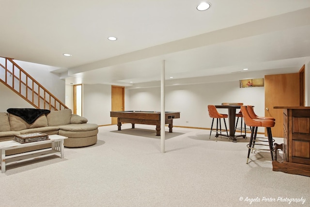 4725 Winnebago Dr, Wonder Lake, IL 60097 - game room featuring recessed lighting, carpet flooring, billiards table, and bar