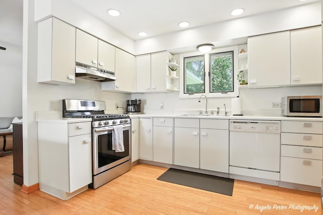 4725 Winnebago Dr, Wonder Lake, IL 60097 - kitchen featuring white appliances, under cabinet range hood, open shelves, light countertops, and recessed lighting