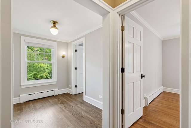 2539 Marcy Ave, Evanston, IL 60201 - hallway featuring a baseboard radiator, wood finished floors, and crown molding
