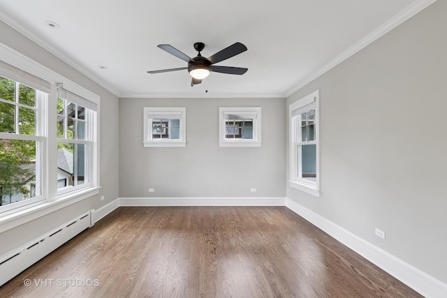 2539 Marcy Ave, Evanston, IL 60201 - empty room featuring a baseboard heating unit, wood finished floors, ceiling fan, and ornamental molding