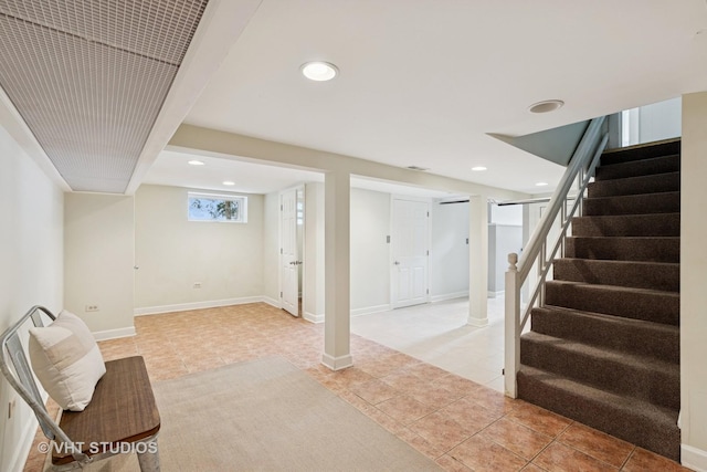 2539 Marcy Ave, Evanston, IL 60201 - below grade area with stairway, light tile patterned floors, and recessed lighting