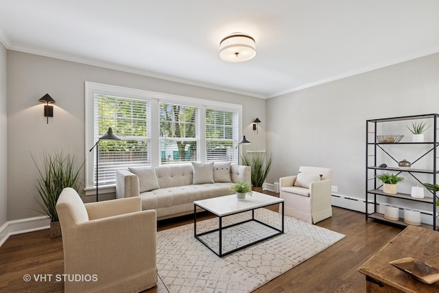 2539 Marcy Ave, Evanston, IL 60201 - living area featuring ornamental molding, dark wood-style floors, and a baseboard heating unit